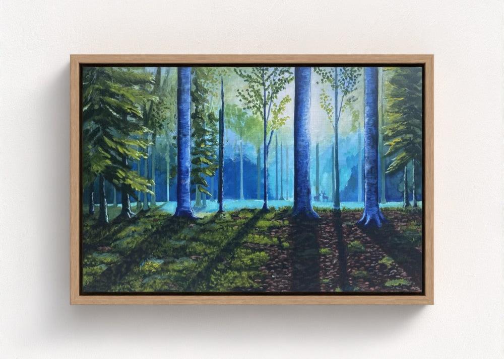 deer in serene forest with natural wood frame